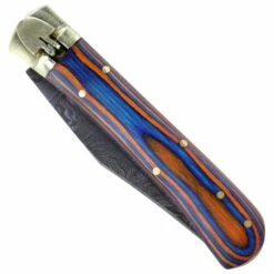 9" Damascus Leverlock Blue Red Wood Automatic Knife Clip Point -DIRECT KNIFE SALES 9 Damascus Leverlock Blue Red Wood Automatic Knife Clip Point 2.600