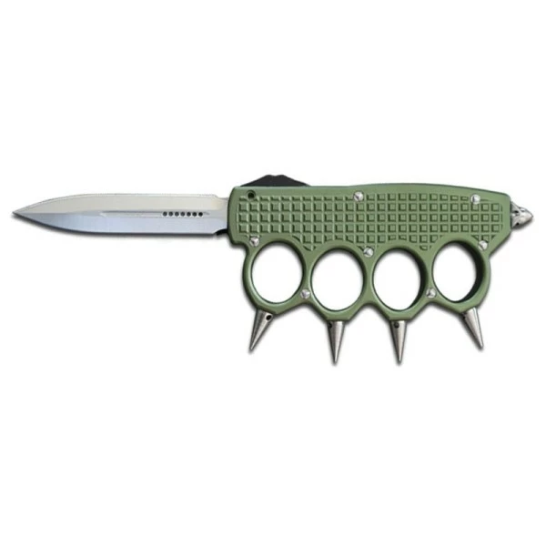 CNC Spiked Knuckles Army Green Automatic Knife Satin Dagger 3 CNC Spiked Knuckles Army Green Automatic Knife Satin Dagger