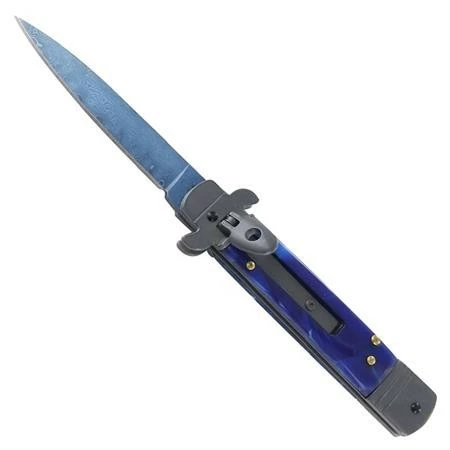 Lever Lock Blue Marble Automatic Knife Damascus Flat Grind 3 Lever Lock Blue Marble Automatic Knife Damascus Flat Grind