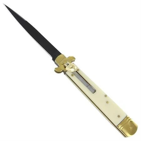 9" Leverlock White Automatic Knife Black Blade 3 9" Leverlock White Automatic Knife Black Blade